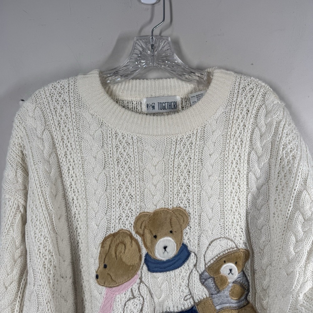 VTG Together! Sweater Womens L Cream Embroidered Teddy Bear Wool Cable Knit 90s - Picture 2 of 16